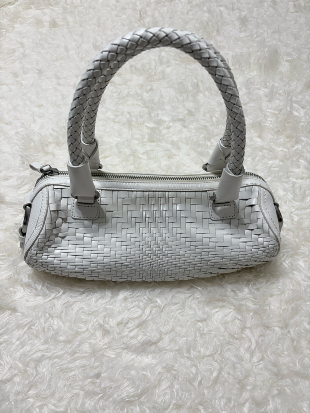 Cole Haan Woven White Leather East-West Shoulder Bag with Braided Handles